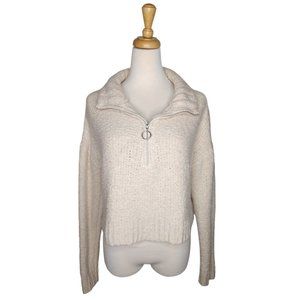 Mock Neck Quarter Zip Cropped Sweater Cream Oatmeal Size S